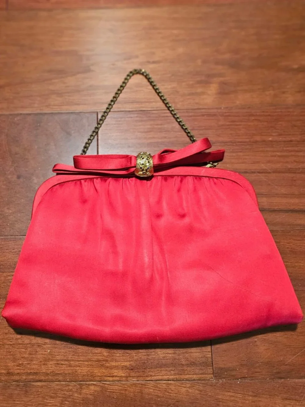 Red Satin Evening Wristlet Clutch with Gold Accent